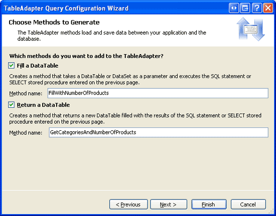 新しい TableAdapter s メソッドに FillWithNumberOfProducts および GetCategoriesAndNumberOfProducts という名前を付けます