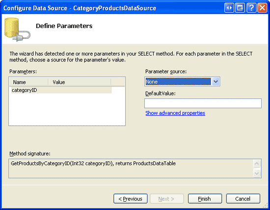 categoryID パラメーターのパラメーター ソースを指定しない