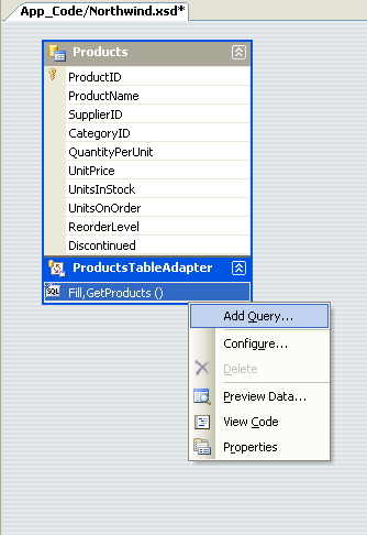 TableAdapter を右クリックし、[クエリの追加] を選択します