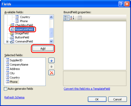 Add a HyperLinkField to the GridView