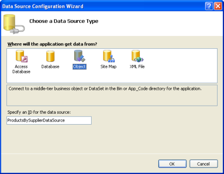Add a New ObjectDataSource Named ProductsBySupplierDataSource