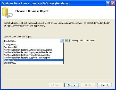 Screenshot of the Configure Data Source - productsByCategoryDataSource window displaying the business object dropdown menu with ProductsBLL selected and the Next button highlighted.