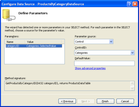 Pull the categoryID Parameter Value from the Categories DropDownList