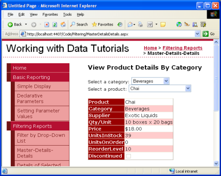 The Selected Product's Details are Displayed in a DetailsView