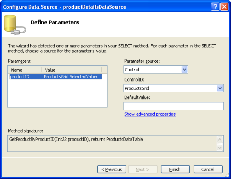 productID パラメーターを GridView の SelectedValue プロパティに設定する