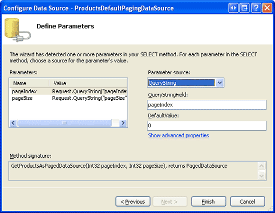 pageIndex パラメーターと pageSize パラメーターのソースとして QueryString を使用する