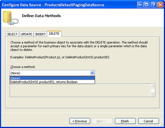 [UPDATE]、[INSERT]、[DELETE] タブのドロップダウン リストを [(なし)] に設定する