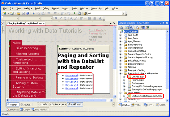 SectionLevelTutorialListing.ascx ユーザー コントロールを Default.aspx に追加する