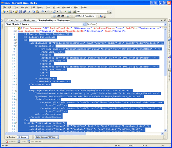 <asp:Content> タグの宣言型マークアップを Paging.aspx から SortingWithDefaultPaging.aspx にレプリケートする