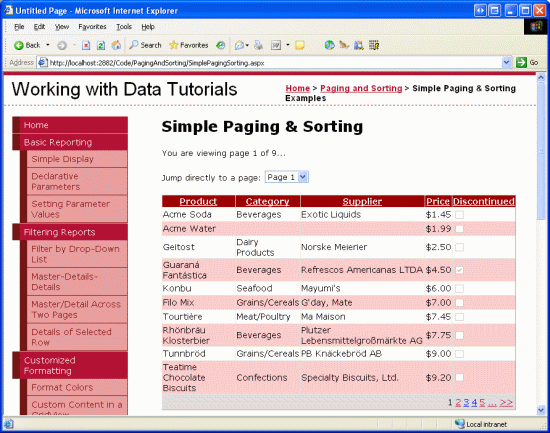 Screenshot of the Simple Paging & Sorting window showing the results sorted by the Price column in ascending order.