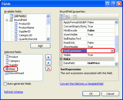 Screenshot of the Fields window where the field Price is selected and the property SortExpression is highlighted.