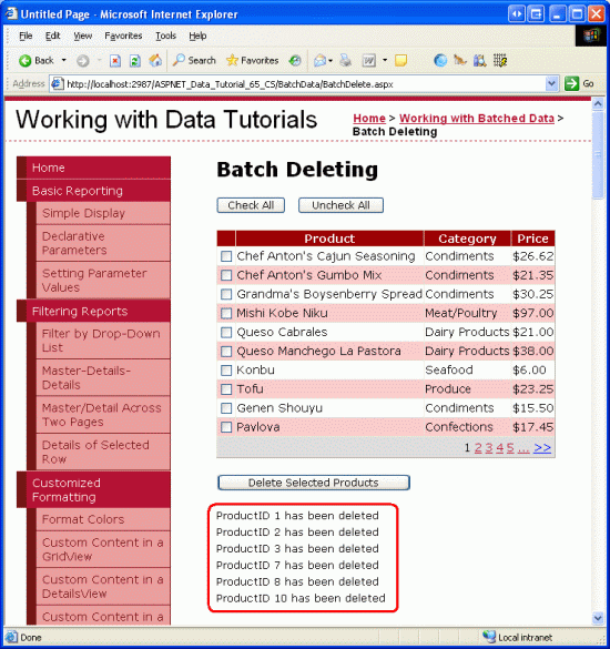 The Deleted Products ProductID Values are Listed Beneath the GridView