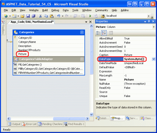 DataType が System.Byte[] である DataColumn 名前付き図を作成する