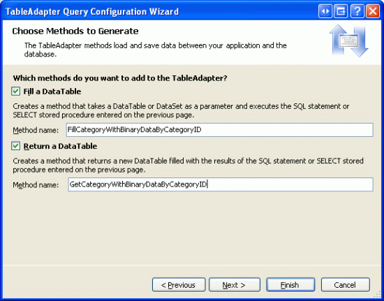 TableAdapter メソッドの名前を選択する