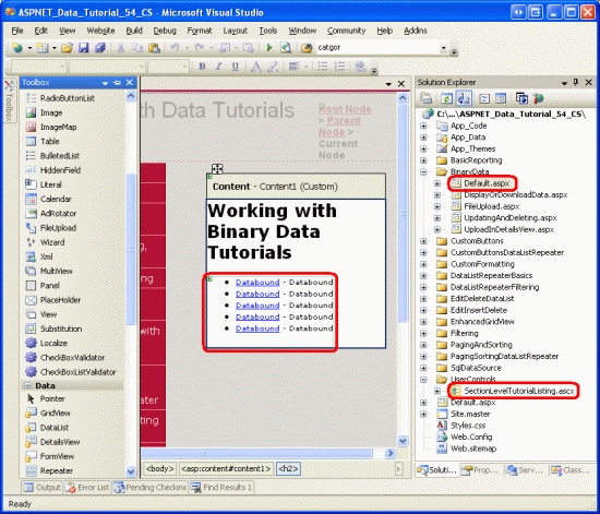 SectionLevelTutorialListing.ascx ユーザー コントロールを Default.aspx に追加する