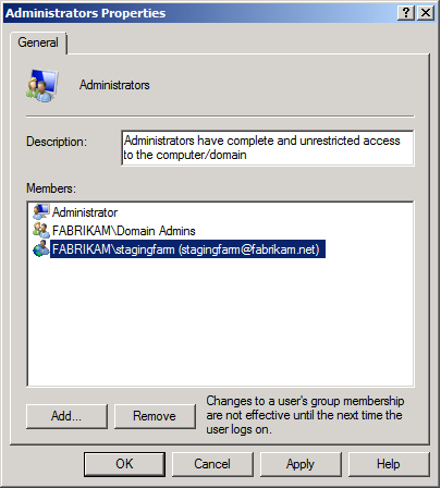 In the Select Users, Computers, Service Accounts, or Groups dialog box, type (or browse) to your domain account (for example, FABRIKAM\stagingfarm), and then click OK.