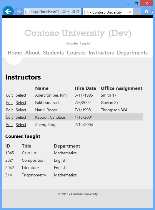 [Instructors]\(インストラクター\) ページと、特定のインストラクターによって教えられたコースを示すスクリーンショット。