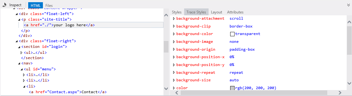 選択した要素の CSS スタイルトレース