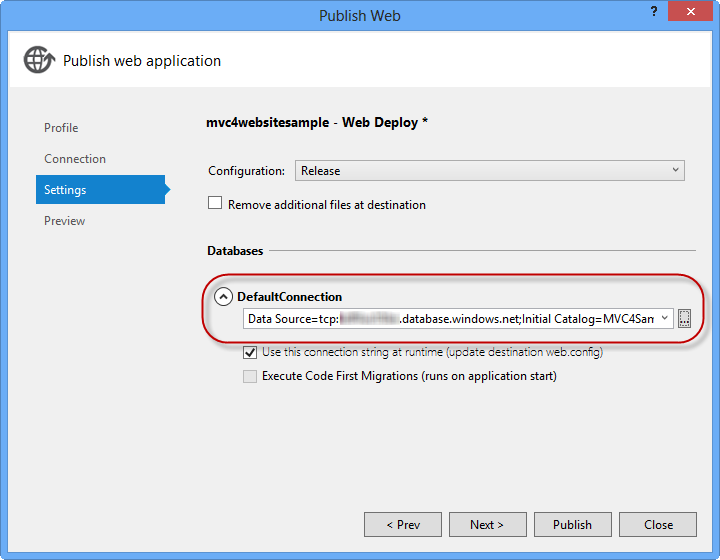 Connection string pointing to SQL Database