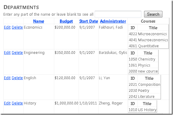 A screenshot that shows the Grid View control displaying nested course details.