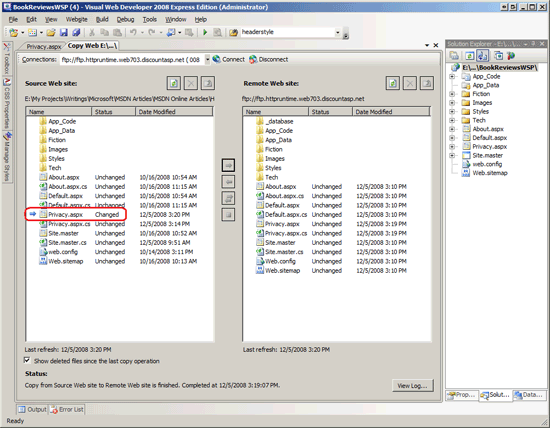 The Copy Web Site Tool Indicates that the <code>Privacy.aspx</code> Page has been Changed