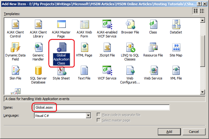 Screenshot of adding a new item to the root of your website using the Global Application Class template with the name Global.asax to create this file in your website.