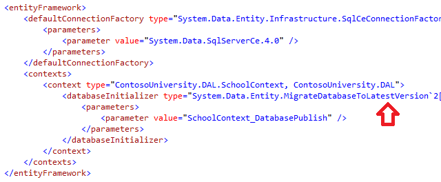 Screenshot that highlights where the deployment process configured Code First Migrations to automatically update the database to the latest version.