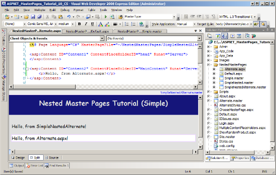 Alternate.aspxは SimpleNestedAlternate.master マスター ページにバインドされています