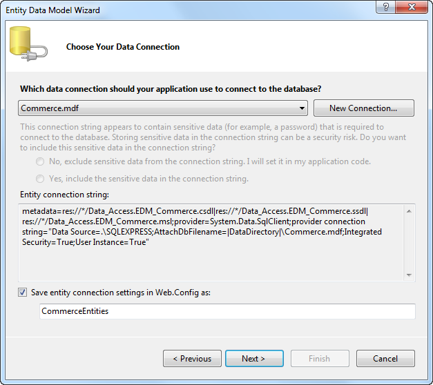 Screenshot that shows the entity connection string.