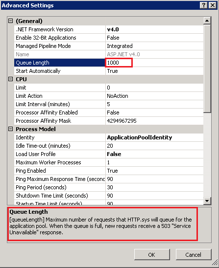 Screenshot of the Advanced Settings dialog box showing the Queue Length field set to 1000 and highlighted with a red rectangle.