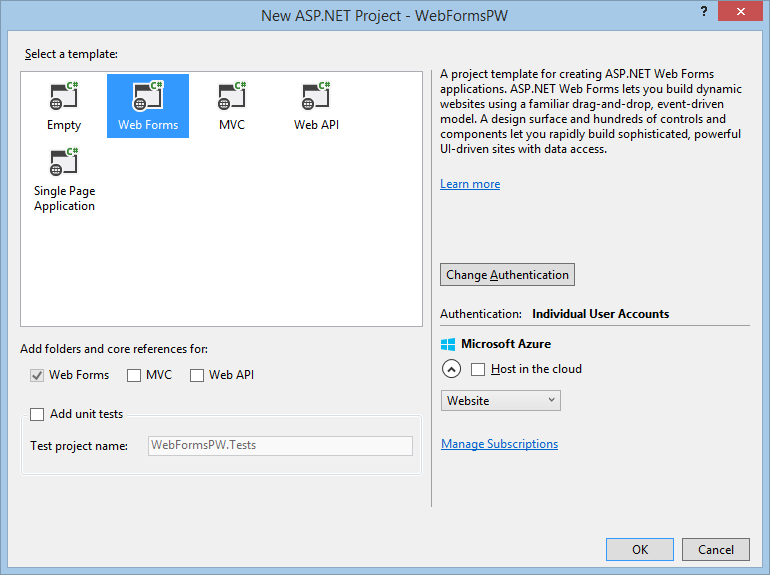 New ASP.NET Project dialog box