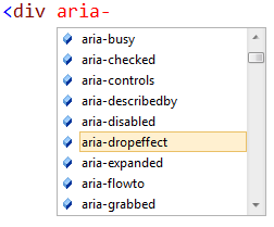 aria 属性を示すスクリーンショット。属性リストで Aria ドロップ効果が選択されています。