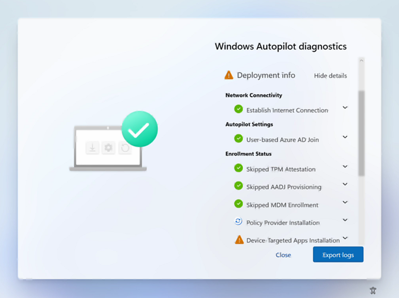 Windows Autopilot 診断ページが展開され、詳細が表示されます。
