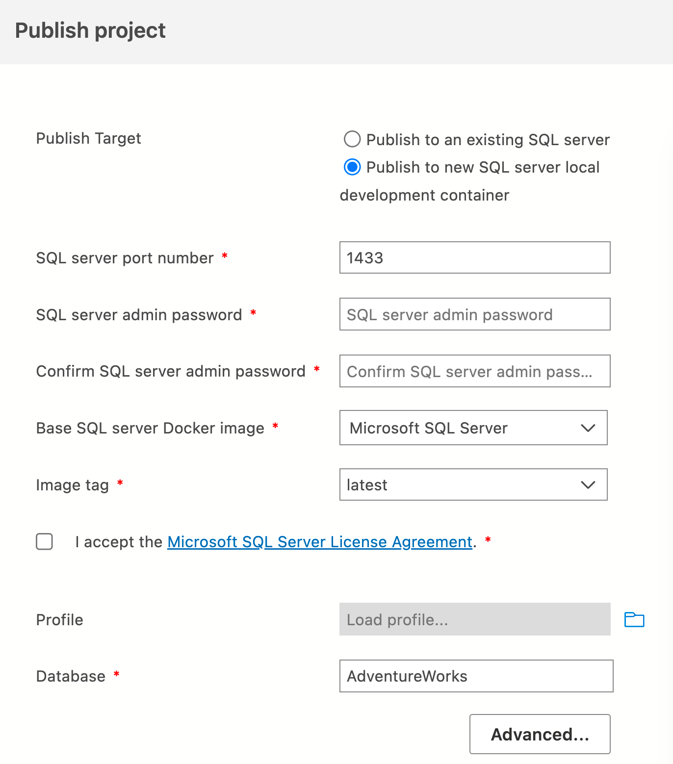 Azure Data Studio のコンテナーへの発行ダイアログのスクリーンショット。