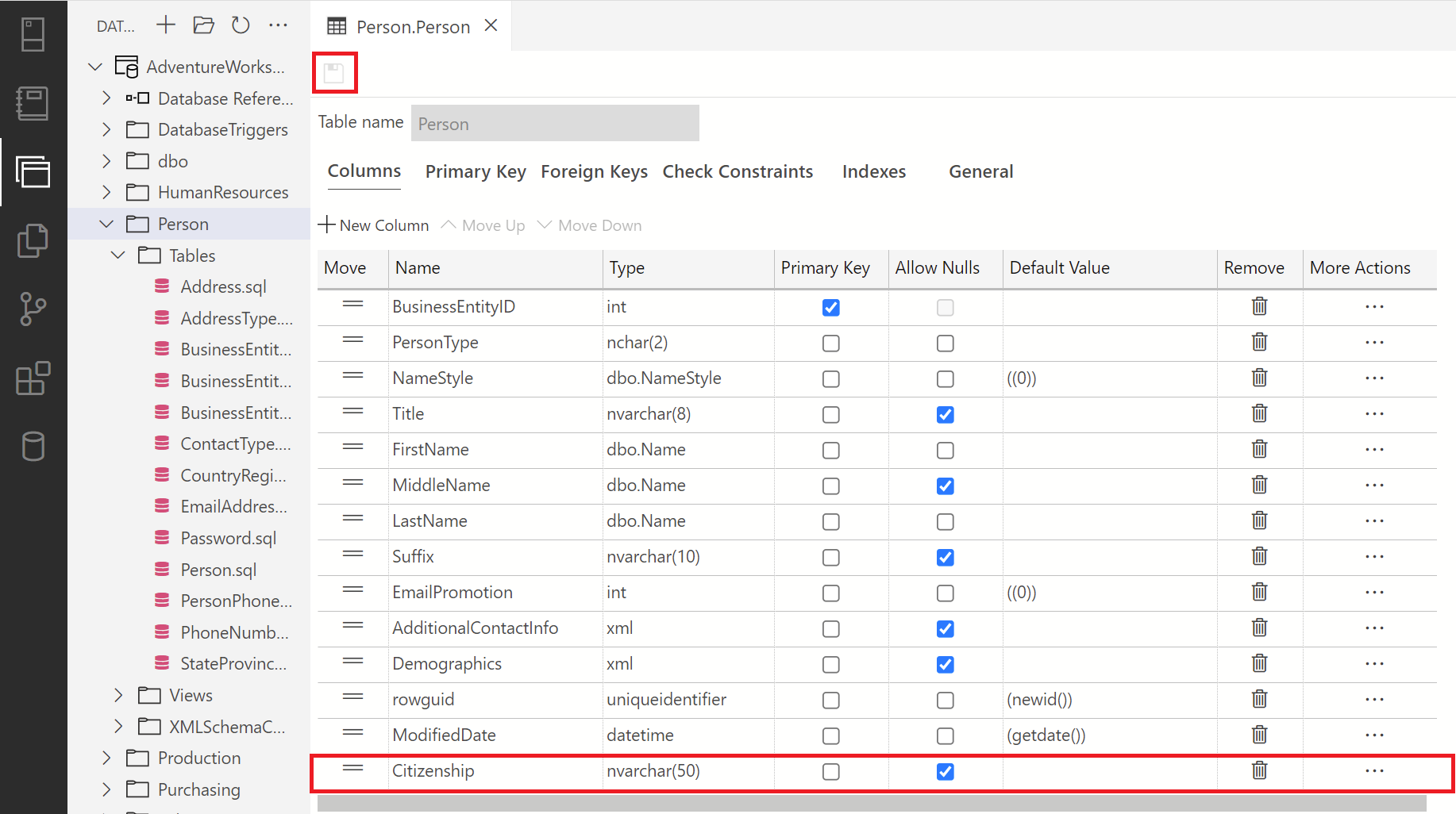 SQL Database Project の変更を発行する方法を示す Azure Data Studio のスクリーンショット。