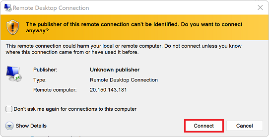 RDP 発行元の警告を受け入れます