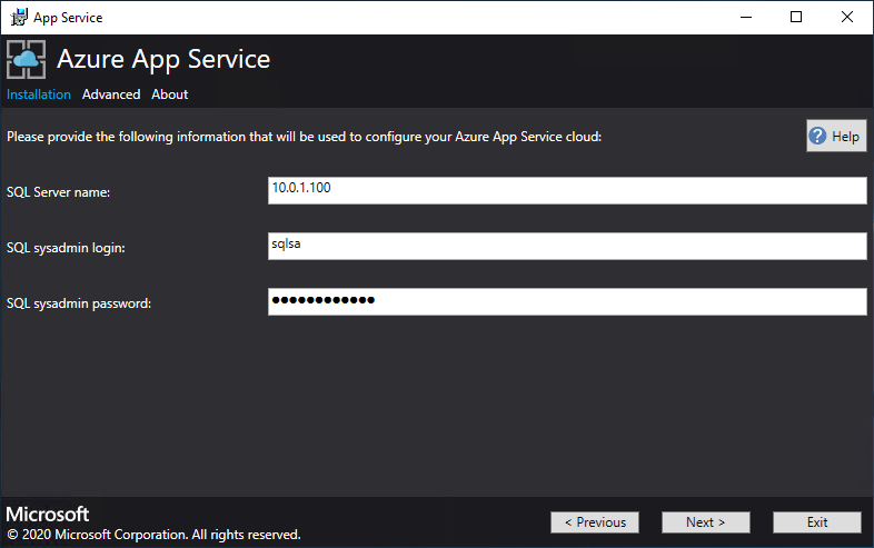App Service インストーラーで SQL Server の接続の詳細を指定する画面を示すスクリーンショット