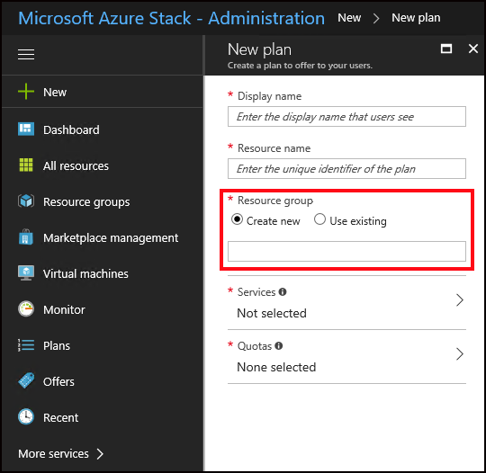 Azure Stack Hub の新しいプランのリソース グループを指定する