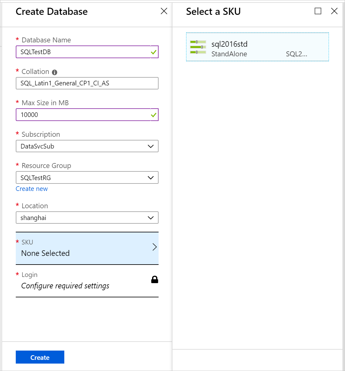 Azure Stack Hub ユーザー ポータルでのデータベースの作成。