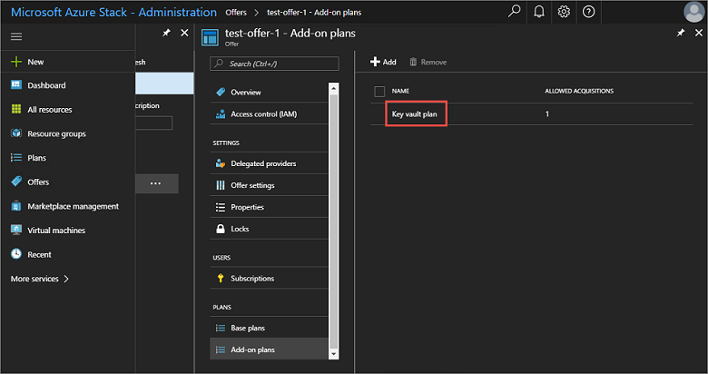 Azure Stack 管理者ポータルでアドオン プランのリストを確認する