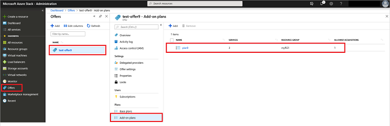 Azure Stack 管理者ポータル内で確認するアドオン プランの一覧を示すスクリーンショット。