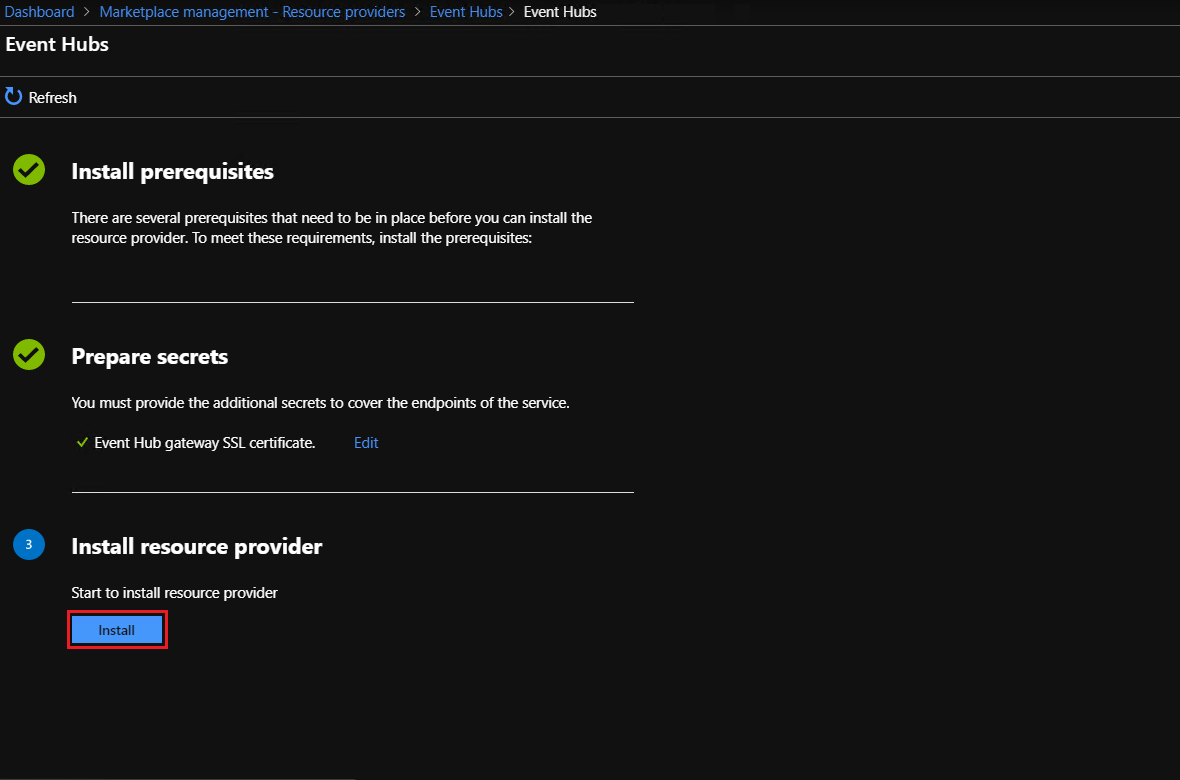 Marketplace Management の Event Hubs - RP のインストールの開始