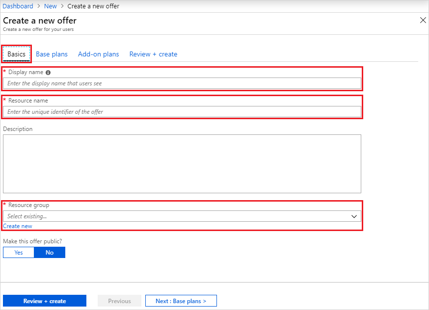 Azure Stack Hub 管理ポータル内で基本情報を追加する場所を示すスクリーンショット。