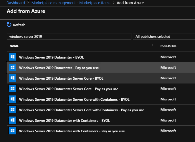 [Dashboard > Marketplace management - Marketplace items > Add from Azure] (ダッシュボード > マーケットプレースの管理 - Marketplace の項目 > Azure から追加) ダイアログ ボックスで、検索ボックス内に 