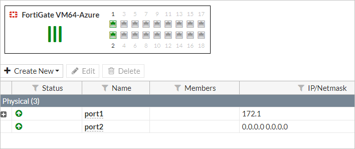 インターフェイスの一覧には、構成されている port1 と、構成されていない port2 という 2 つのインターフェイスが表示されます。インターフェイスを作成、編集、削除するためのボタンがあります。