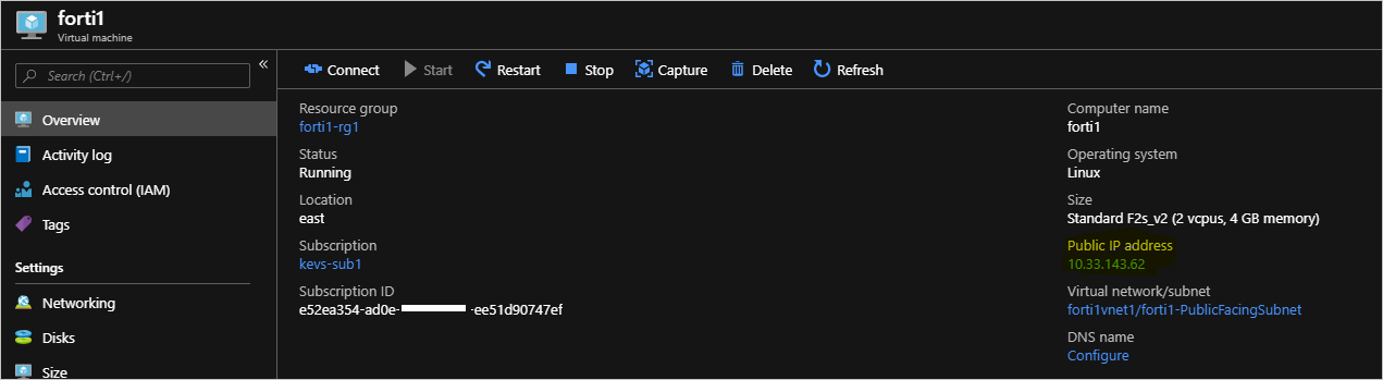 forti1 仮想マシンの [概要] ページには、[リソース グループ] や [状態] などの forti1 の値が表示されています。