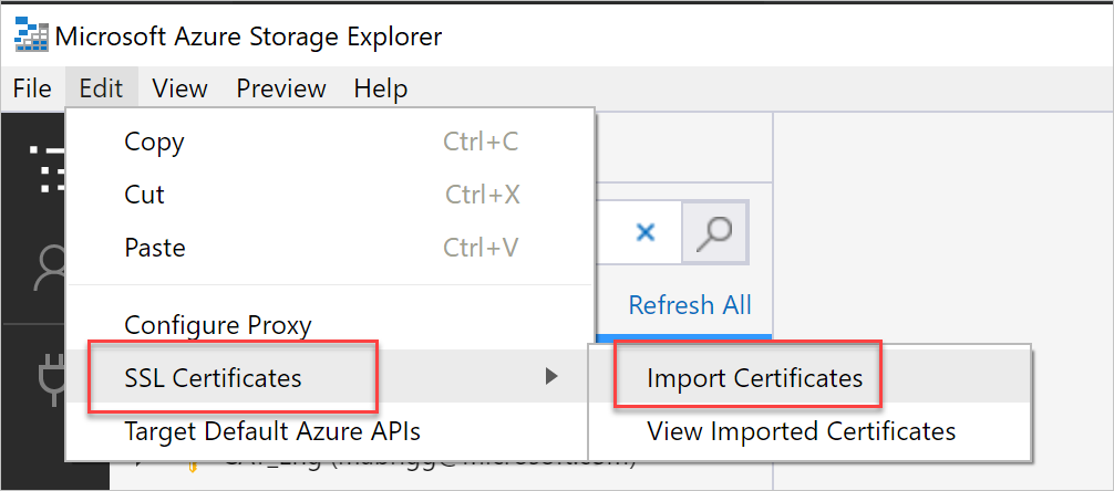 Storage Explorer に証明書をインポートする