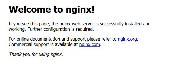 [Welcome to nginx!] (nginx へようこそ) ページに、nginx Web サーバーが正常にインストールされたことと、追加の構成が必要であることが表示されています。サポート情報へのリンクが 2 つあります。