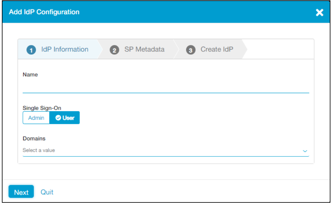 [Add IdP Configuration] ペインの [IdP Information] タブのスクリーンショット。