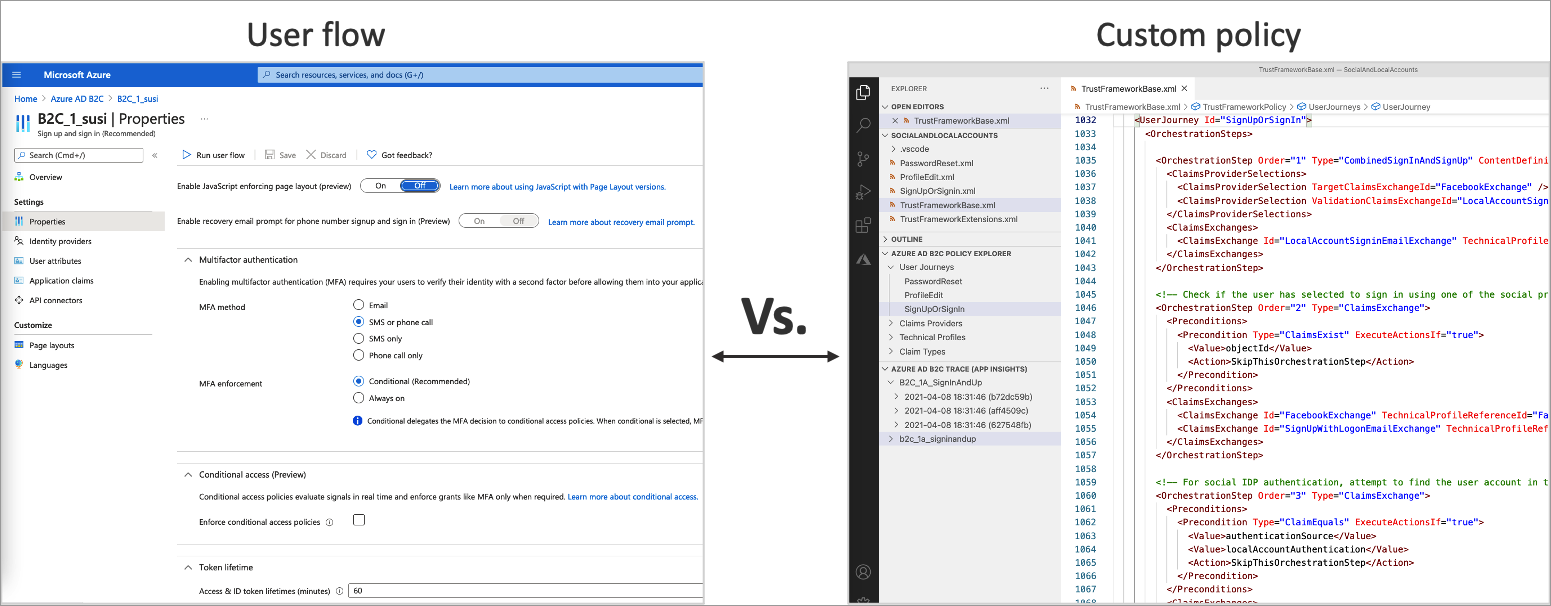 ユーザー フロー設定の UI とカスタム ポリシー構成ファイルの比較を示すスクリーンショット。